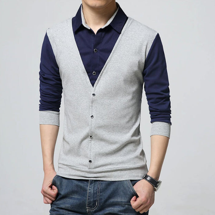 Vest-Enhanced Men's Layered Shirt: navy blue, white long-sleeve shirt with attached-looking button-front vest panel, casual s