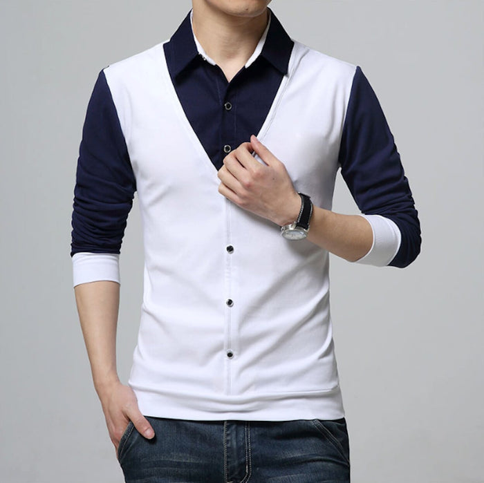 Vest-Enhanced Men's Layered Shirt: navy blue, white long-sleeve shirt with attached-looking button-front vest panel, casual s