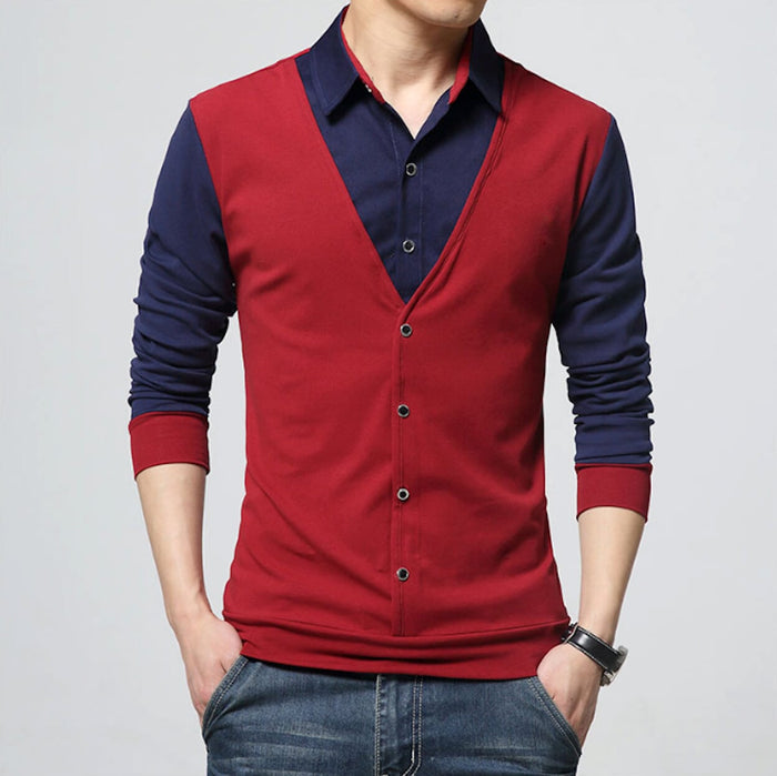 Vest-Enhanced Men's Layered Shirt: navy blue, white long-sleeve shirt with attached-looking button-front vest panel, casual s