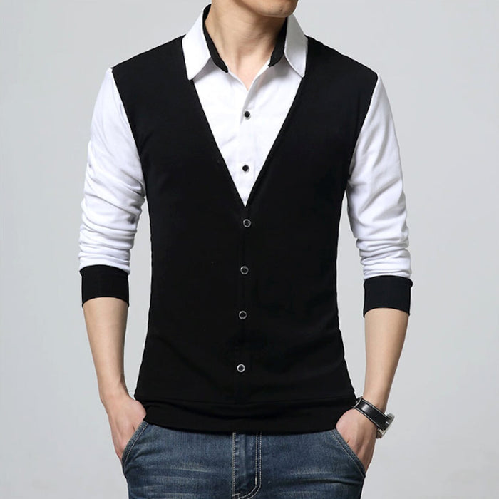 Vest-Enhanced Men's Layered Shirt: navy blue, white long-sleeve shirt with attached-looking button-front vest panel, casual s