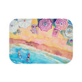 Vibrant Beach Day Bath Mat Home Decor: turquoise blue, pink beach scene, colorful cartoon watercolor style
