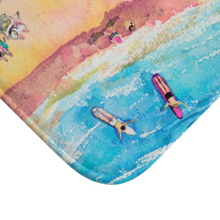 Vibrant Beach Day Bath Mat Home Decor: turquoise blue, pink beach scene, colorful cartoon watercolor style