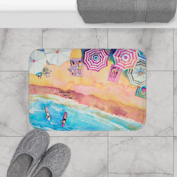 Vibrant Beach Day Bath Mat Home Decor: turquoise blue, pink beach scene, colorful cartoon watercolor style