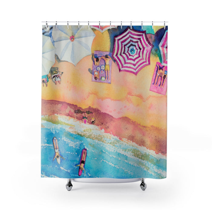 Vibrant Beach Day Shower Curtains for Home Decoration: blue, turquoise beach scene, colorful watercolor cartoon style
