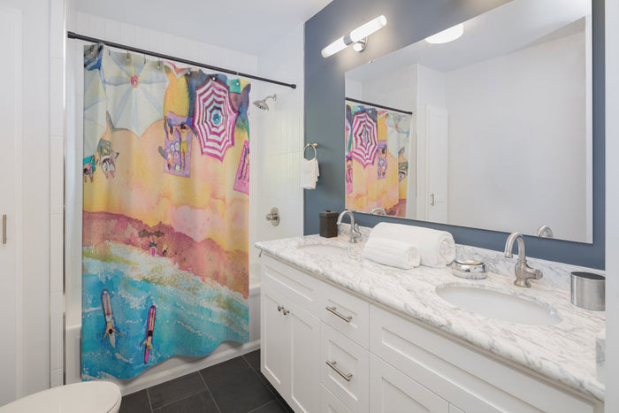 Vibrant Beach Day Shower Curtains for Home Decoration: blue, turquoise beach scene, colorful watercolor cartoon style