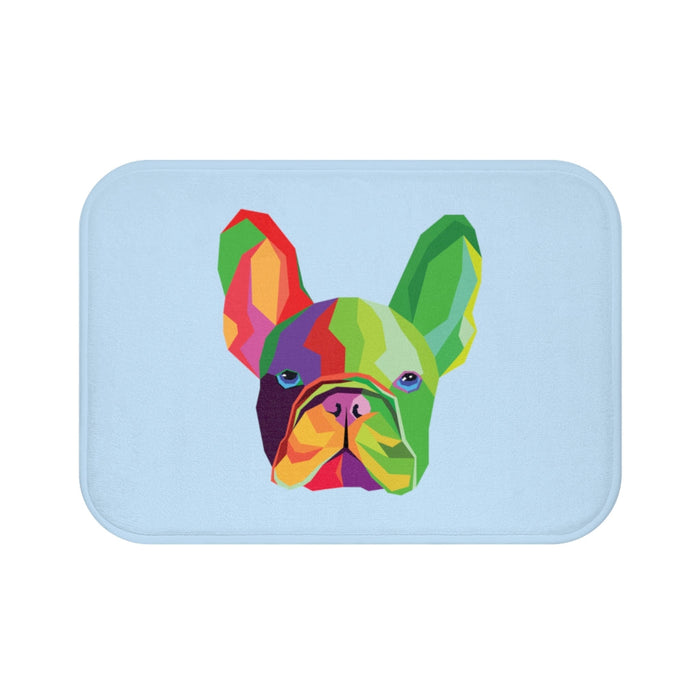 Vibrant Canine Bathroom Rug: light blue, green French bulldog, colorful geometric cartoon style