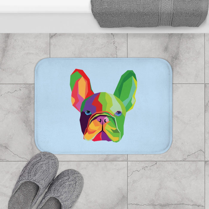 Vibrant Canine Bathroom Rug: light blue, green French bulldog, colorful geometric cartoon style