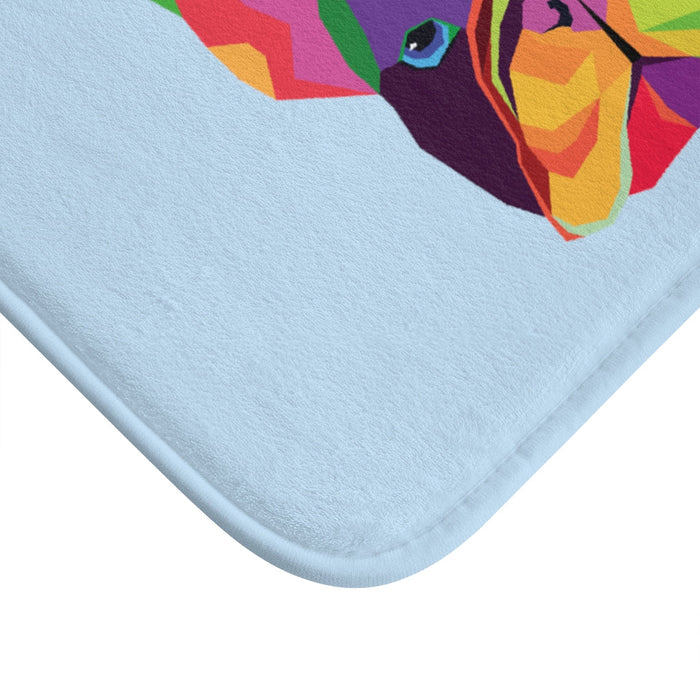 Vibrant Canine Bathroom Rug: light blue, green French bulldog, colorful geometric cartoon style