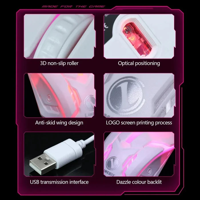 Vibrant Illuminated Wired Gaming Mouse: white, gray wired gaming mouse, gaming, futuristic style
