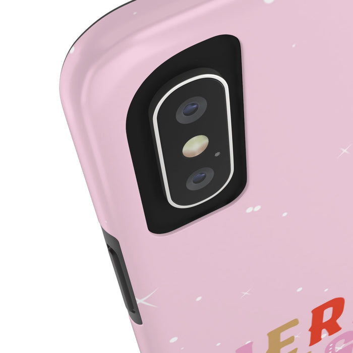Vibrant & Joyful Durable Phone Case for iPhone with Wireless Charging: light pink, multicolor lettering Christmas holiday the