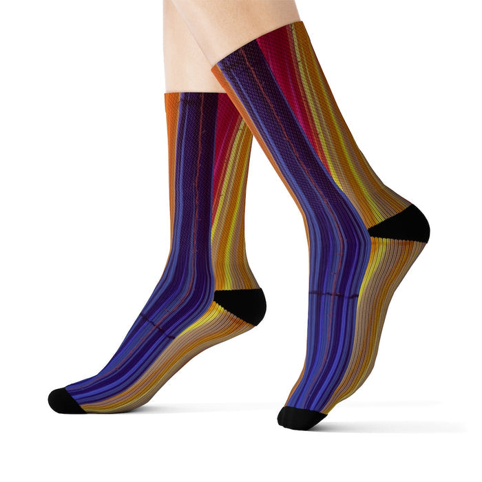 Vibrant Striped Playful Socks: purple, blue pair of crew socks, colorful striped style