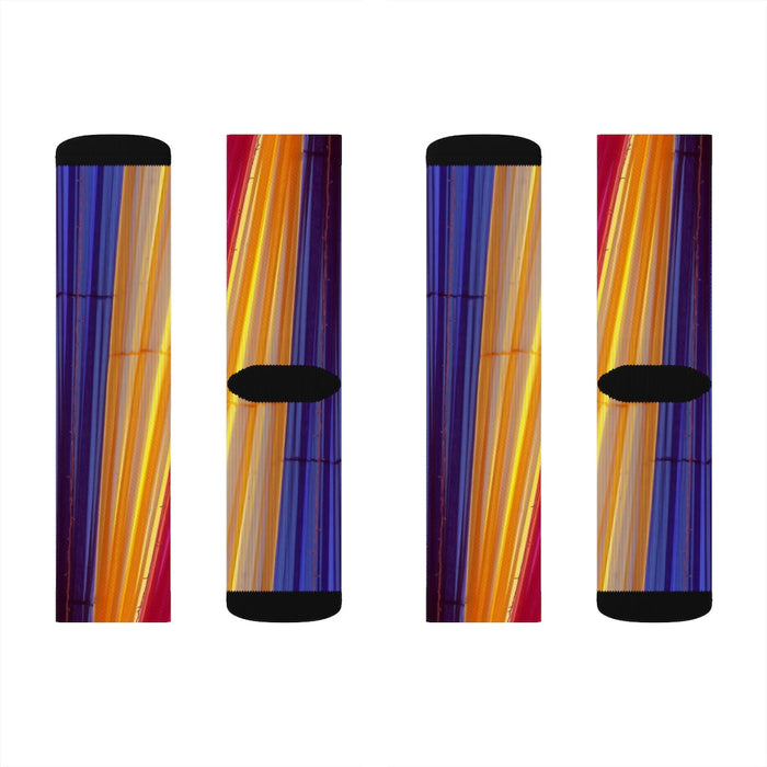 Vibrant Striped Playful Socks: purple, blue pair of crew socks, colorful striped style