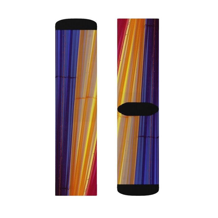 Vibrant Striped Playful Socks: purple, blue pair of crew socks, colorful striped style