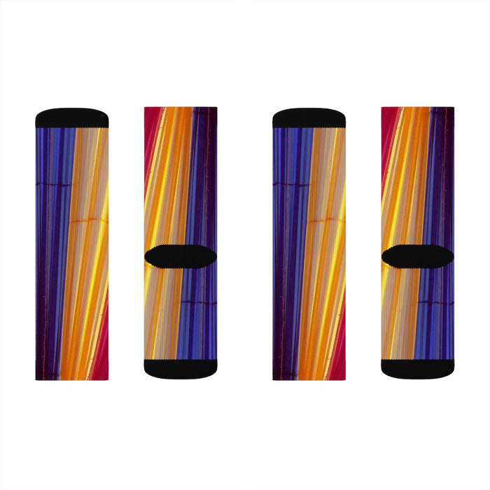 Vibrant Striped Playful Socks: purple, blue pair of crew socks, colorful striped style