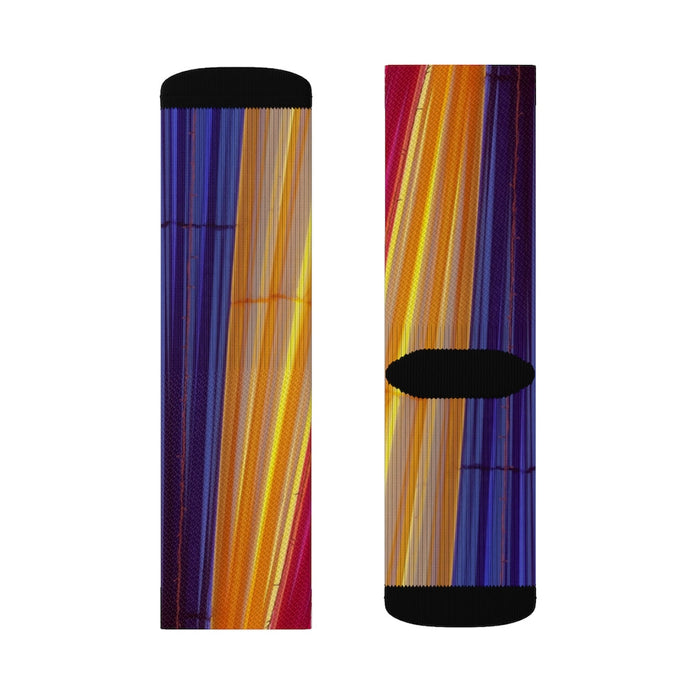 Vibrant Striped Playful Socks: purple, blue pair of crew socks, colorful striped style