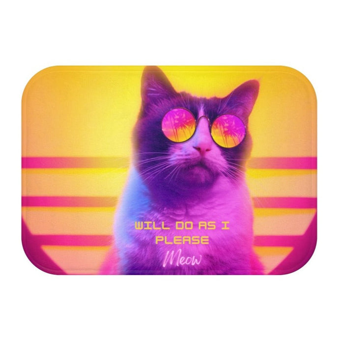 Vintage Feline Bathroom Rug Decor: yellow, orange cat, retro neon cartoon photo collage style