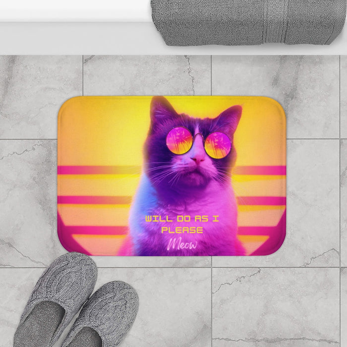 Vintage Feline Bathroom Rug Decor: yellow, orange cat, retro neon cartoon photo collage style