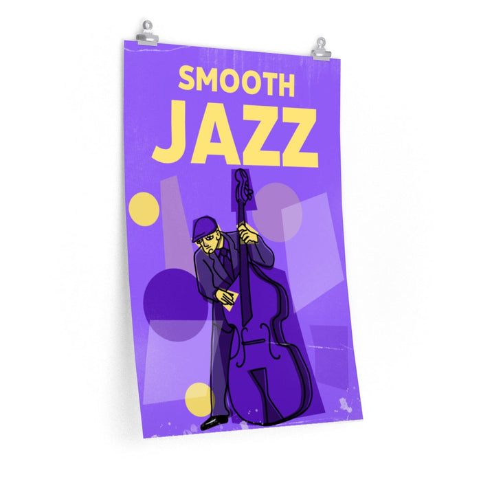 Vintage Jazz Poster, Smooth Jazz Edition: purple, yellow jazz musician playing an upright bass, cartoon graphic poster style
