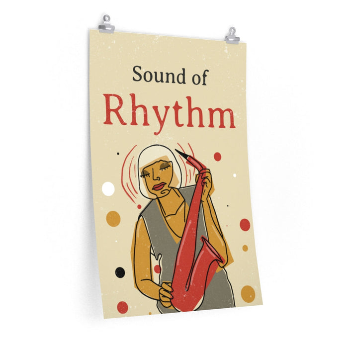 Vintage Jazz Poster: Resonance of Rhythm: cream, black stylized musician playing a saxophone, retro graphic illustration styl