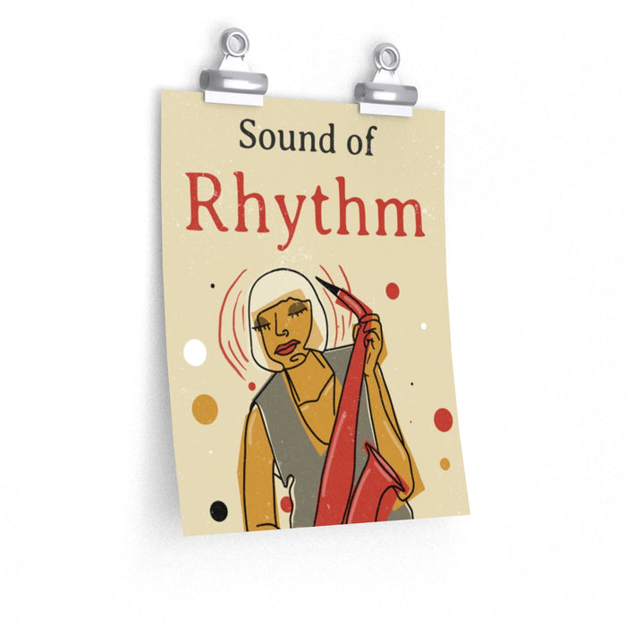 Vintage Jazz Poster: Resonance of Rhythm: cream, black stylized musician playing a saxophone, retro graphic illustration styl