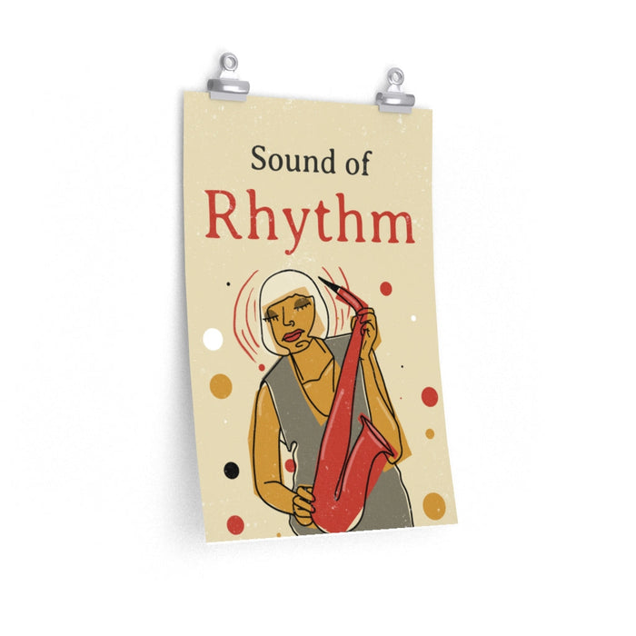 Vintage Jazz Poster: Resonance of Rhythm: cream, black stylized musician playing a saxophone, retro graphic illustration styl
