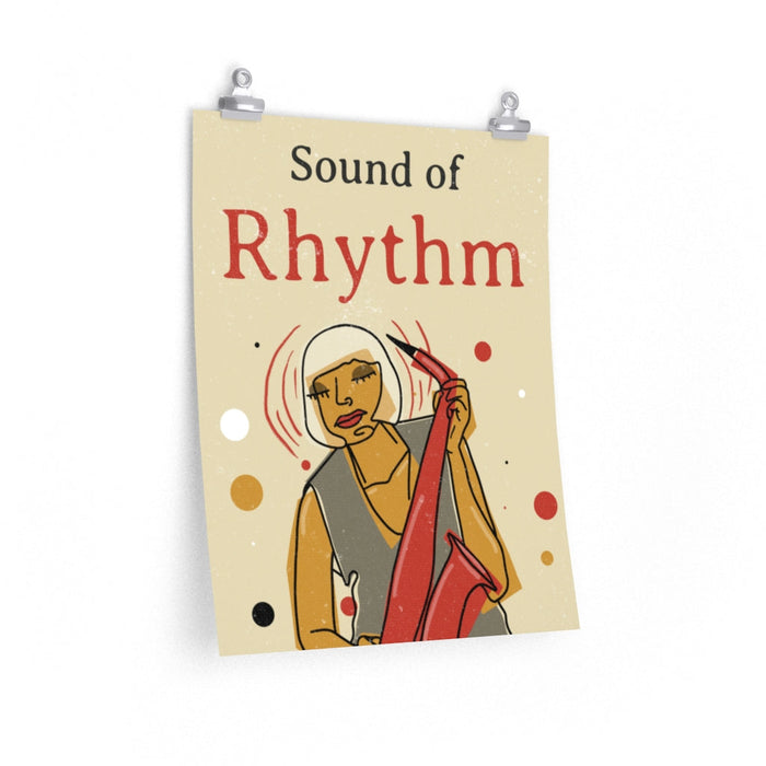 Vintage Jazz Poster: Resonance of Rhythm: cream, black stylized musician playing a saxophone, retro graphic illustration styl