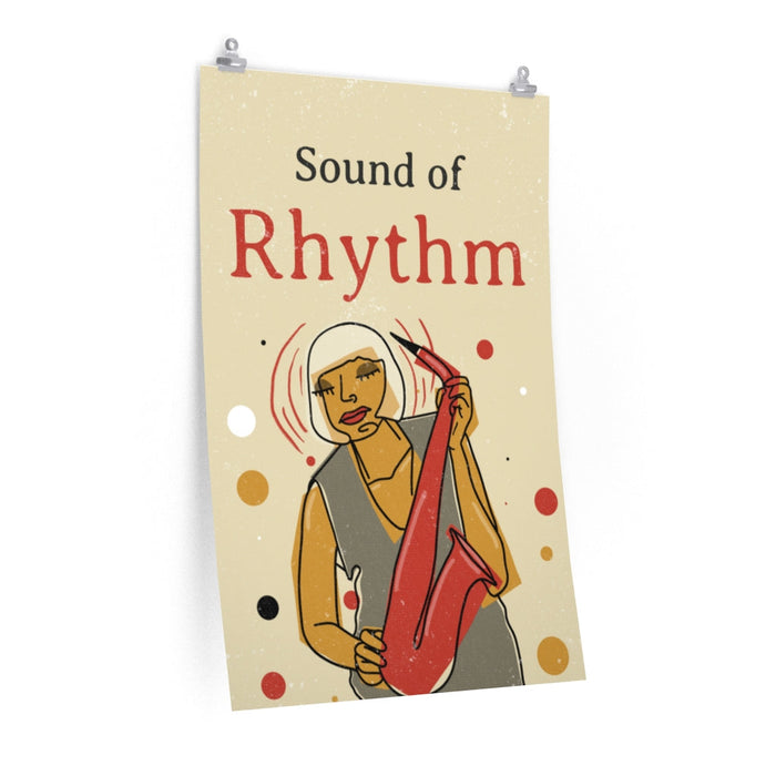 Vintage Jazz Poster: Resonance of Rhythm: cream, black stylized musician playing a saxophone, retro graphic illustration styl