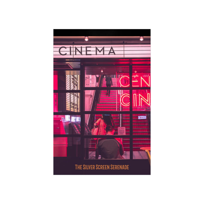 Vintage Movie Theme Print: black, dark purple cinema entrance scene, cinematic, urban neon photography style