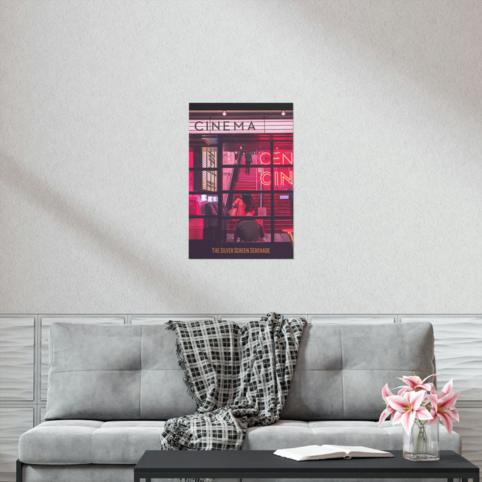 Vintage Movie Theme Print: black, dark purple cinema entrance scene, cinematic, urban neon photography style