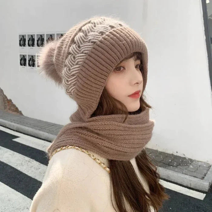 Warm Winter Scarf and Hat Set for Women: taupe brown, beige knit hat and scarf set, cozy casual style