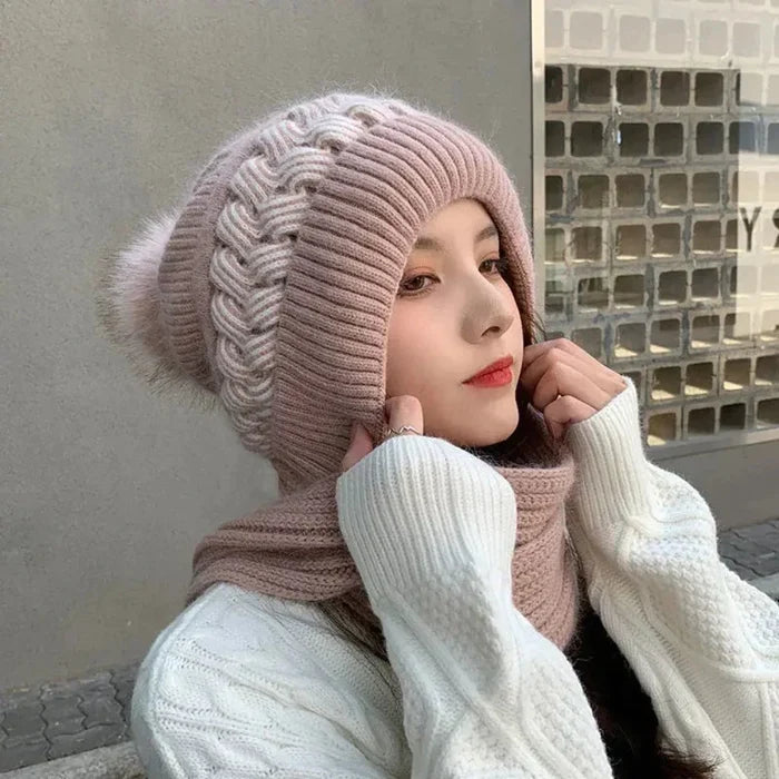 Warm Winter Scarf and Hat Set for Women: taupe brown, beige knit hat and scarf set, cozy casual style