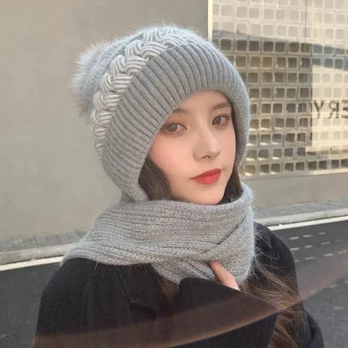 Warm Winter Scarf and Hat Set for Women: taupe brown, beige knit hat and scarf set, cozy casual style