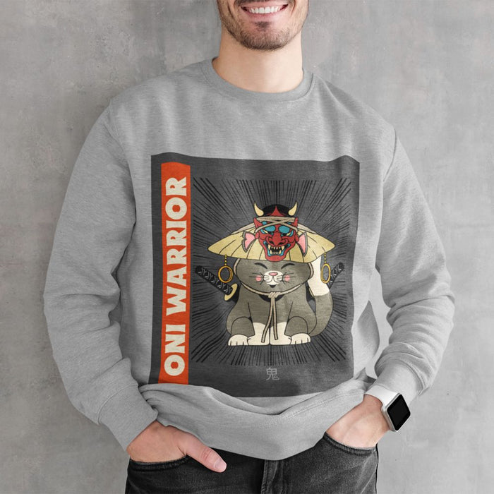 Warrior Cat Men's Sweatshirt: heather gray, black cartoon horned warrior/cat-like character, cartoon graphic style