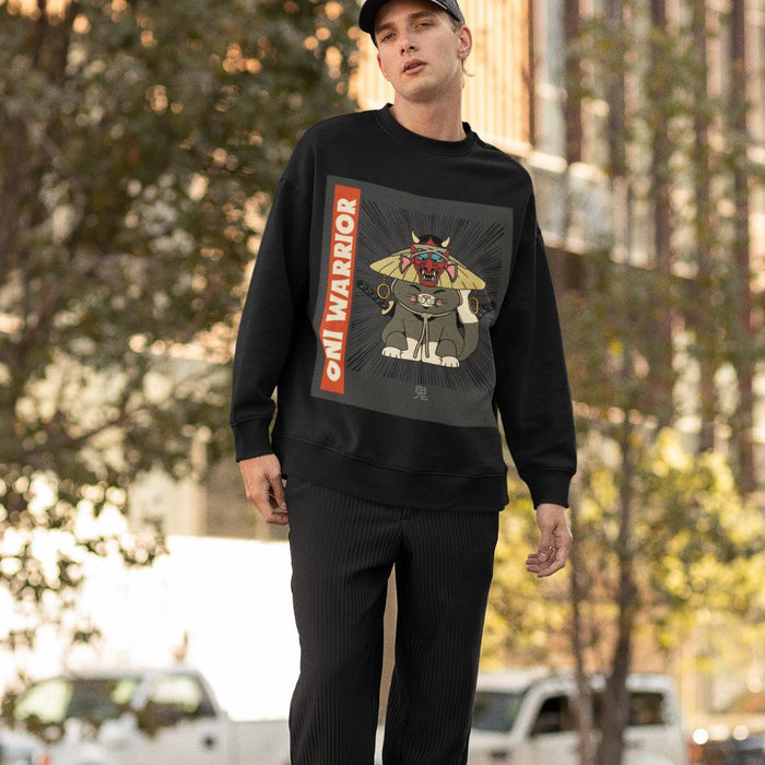 Warrior Cat Men's Sweatshirt: heather gray, black cartoon horned warrior/cat-like character, cartoon graphic style