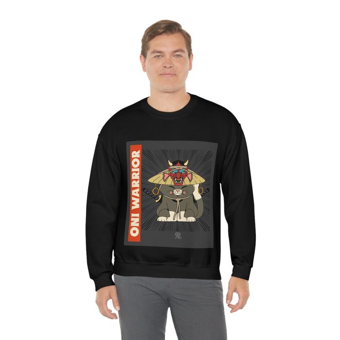 Warrior Cat Men's Sweatshirt: heather gray, black cartoon horned warrior/cat-like character, cartoon graphic style