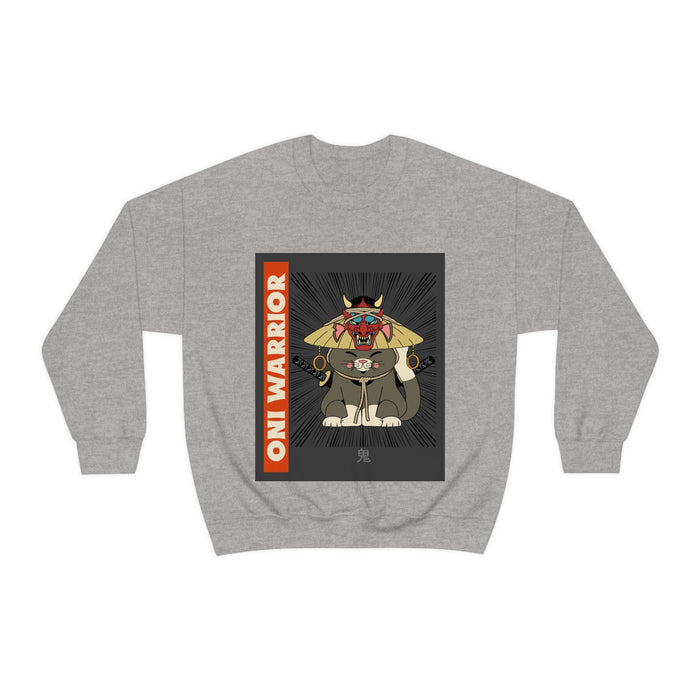 Warrior Cat Men's Sweatshirt: heather gray, black cartoon horned warrior/cat-like character, cartoon graphic style