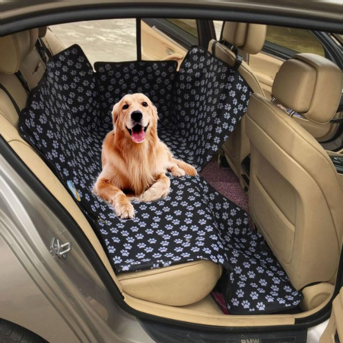 Water-Resistant Car Seat Protector for Dogs with Paw Design: black, white dog paw print pattern, practical patterned pet acce