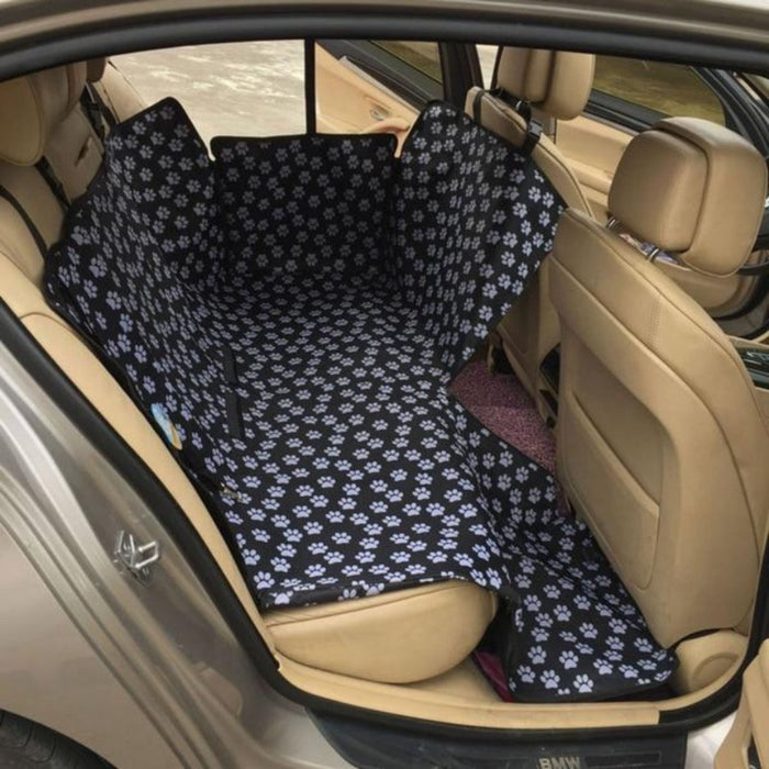 Water-Resistant Car Seat Protector for Dogs with Paw Design: black, white dog paw print pattern, practical patterned pet acce