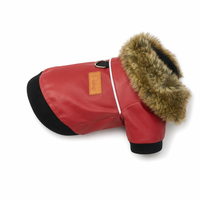 Water-Resistant Faux Leather Canine Jacket with Faux Fur Collar Red