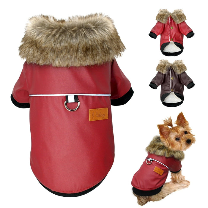 Water-Resistant Faux Leather Canine Jacket with Faux Fur Collar: dark brown, gray-brown faux-fur trim dog, practical winter p