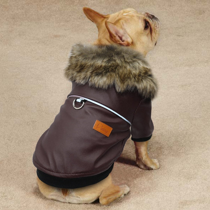 Water-Resistant Faux Leather Canine Jacket with Faux Fur Collar: dark brown, gray-brown faux-fur trim dog, practical winter p