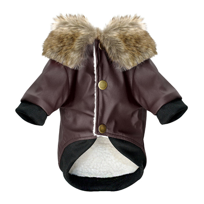 Water-Resistant Faux Leather Canine Jacket with Faux Fur Collar: dark brown, gray-brown faux-fur trim dog, practical winter p