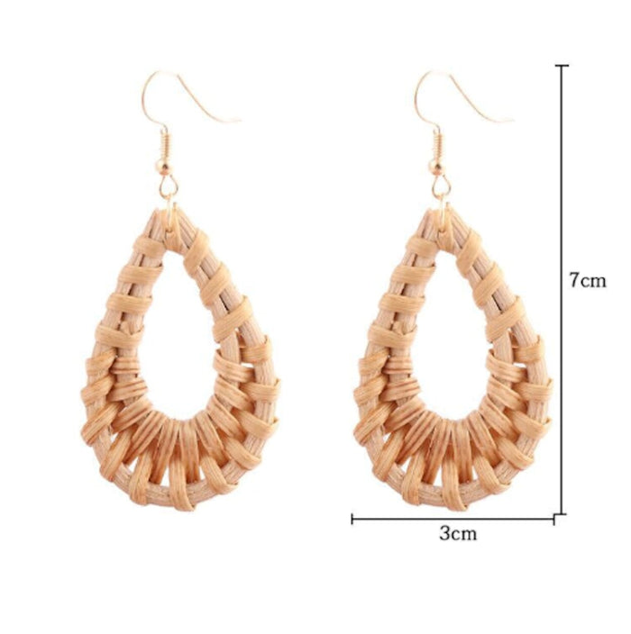 Waterdrop Earrings in Rattan Design: light tan, gold dangle earrings, boho style