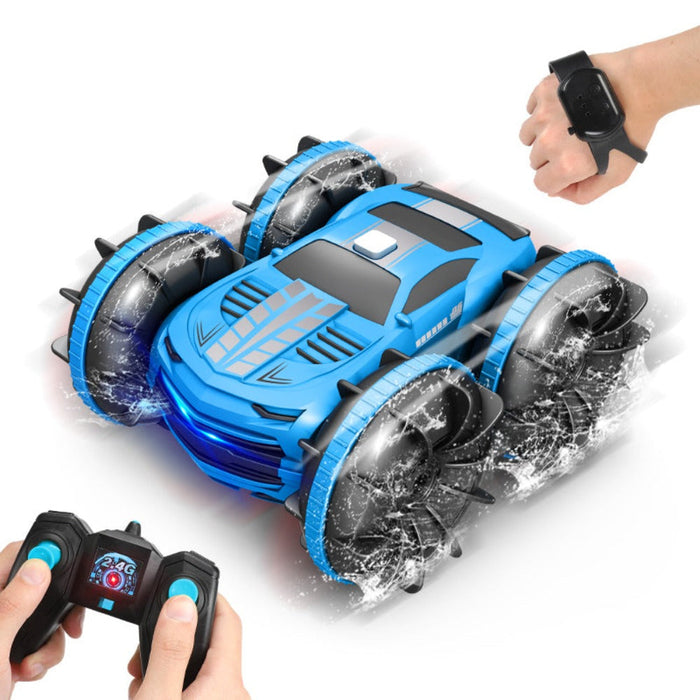 Waterproof 4WD Dual Control RC Stunt Car, All Terrain 2.4GHz: bright blue, black remote-controlled stunt car toy, futuristic