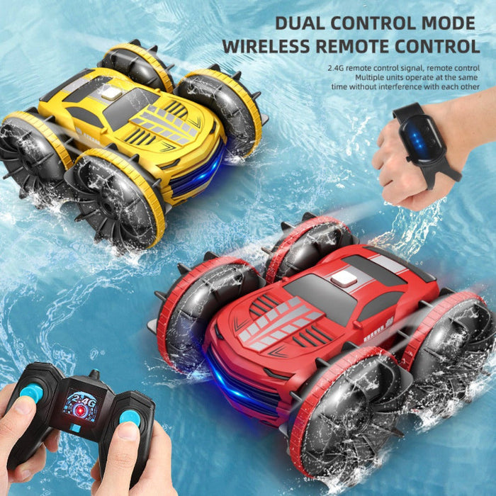 Waterproof 4WD Dual Control RC Stunt Car, All Terrain 2.4GHz: bright blue, black remote-controlled stunt car toy, futuristic
