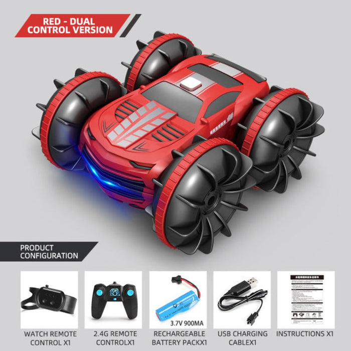 Waterproof 4WD Dual Control RC Stunt Car, All Terrain 2.4GHz: bright blue, black remote-controlled stunt car toy, futuristic