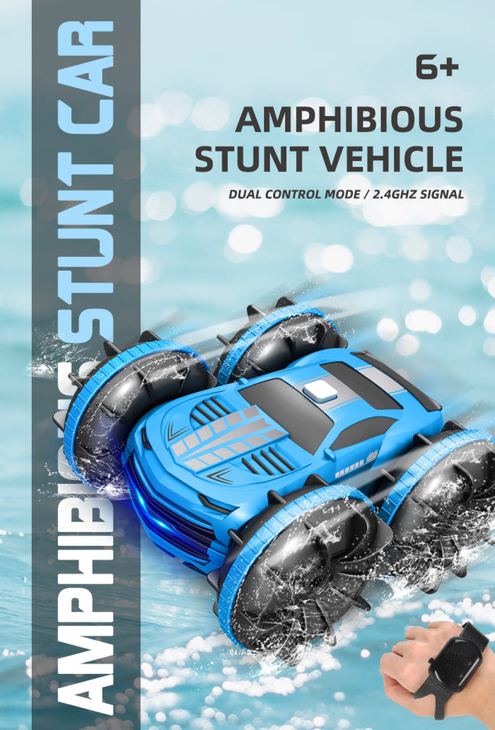 Waterproof 4WD Dual Control RC Stunt Car, All Terrain 2.4GHz: bright blue, black remote-controlled stunt car toy, futuristic