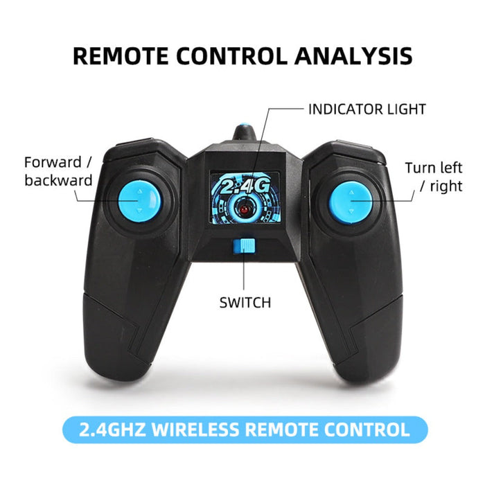 Waterproof 4WD Dual Control RC Stunt Car, All Terrain 2.4GHz: bright blue, black remote-controlled stunt car toy, futuristic
