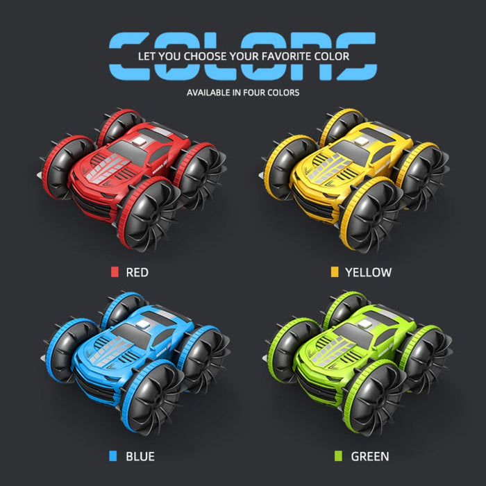 Waterproof 4WD Dual Control RC Stunt Car, All Terrain 2.4GHz: bright blue, black remote-controlled stunt car toy, futuristic