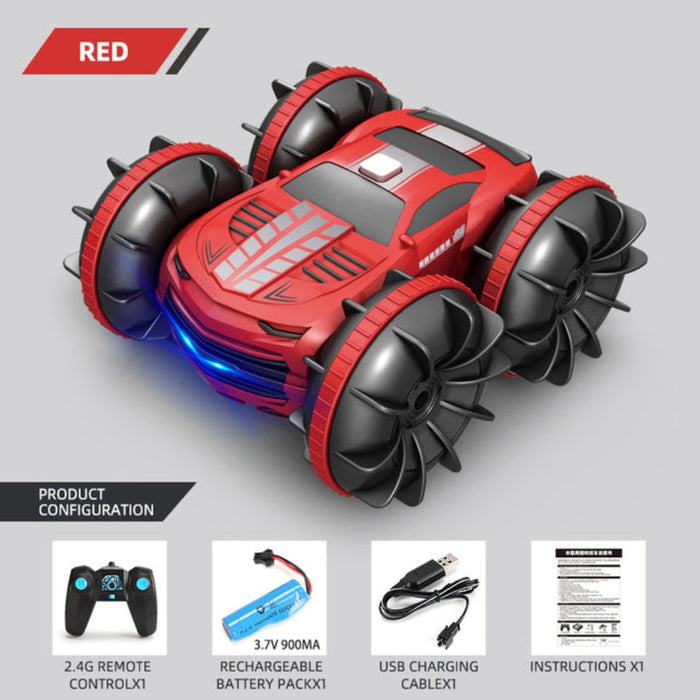 Waterproof 4WD Dual Control RC Stunt Car, All Terrain 2.4GHz: bright blue, black remote-controlled stunt car toy, futuristic